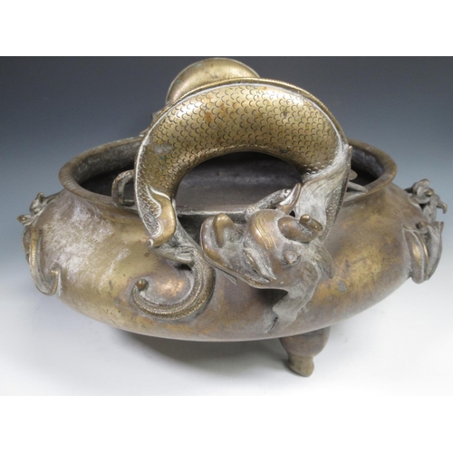 365 - A 19th century  large bronze Censer with elaborate dragon handles, dragons in relief to the squat bu... 