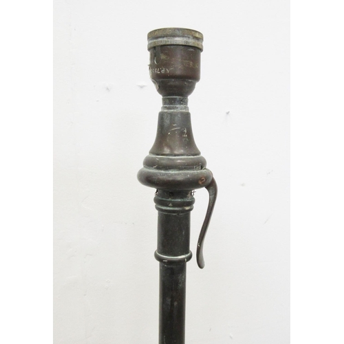 374 - An Arts & Crafts Standard Lamp with brass telescopic column on wrought iron tripod base, centred by ... 