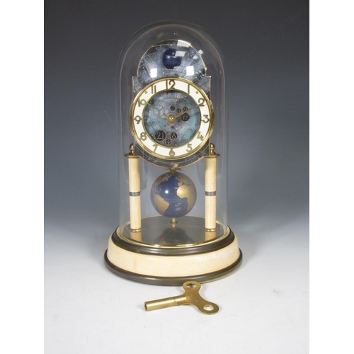 386 - A Kaiser Universe moon phase torsion Clock with circular dial, globe pendulum under glass dome, 10 1... 