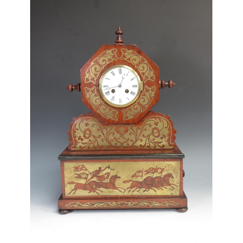 400 - A 19th Century mahogany and brass inlaid Mantel Clock with circus rider and horses decoration stampe... 