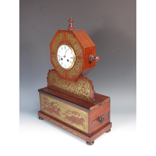 400 - A 19th Century mahogany and brass inlaid Mantel Clock with circus rider and horses decoration stampe... 