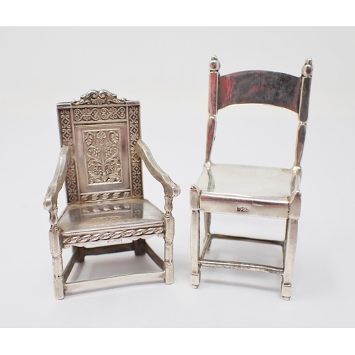 41 - An Edward VII silver miniature Wainscot Chair, Birmingham 1909, maker: Levi & Solomon, and a plain s... 