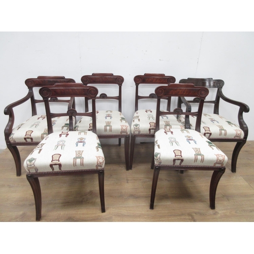 453 - A set of six Regency mahogany Dining Chairs with shaped and scrolled top rails, stuff-over seats on ... 