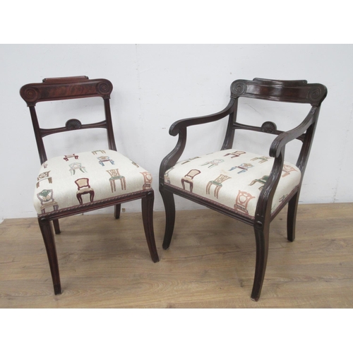 453 - A set of six Regency mahogany Dining Chairs with shaped and scrolled top rails, stuff-over seats on ... 