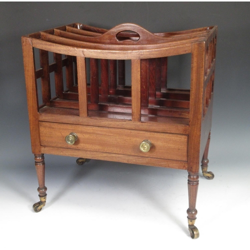 464 - A 19th Century mahogany Canterbury with pierced carrying handle, four divisions, fitted drawer, on t... 