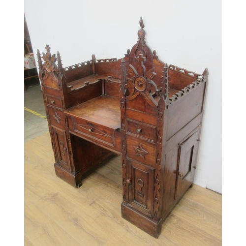 474 - An antique Continental unusual Folk Art fruitwood Desk, the raised back with star inlay, frieze of b... 