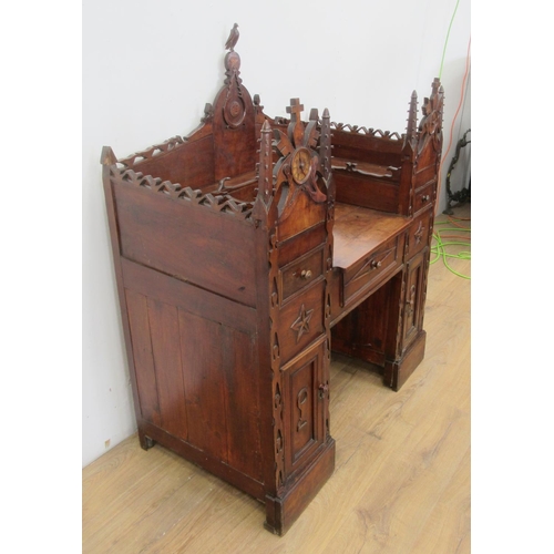 474 - An antique Continental unusual Folk Art fruitwood Desk, the raised back with star inlay, frieze of b... 