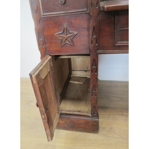 474 - An antique Continental unusual Folk Art fruitwood Desk, the raised back with star inlay, frieze of b... 