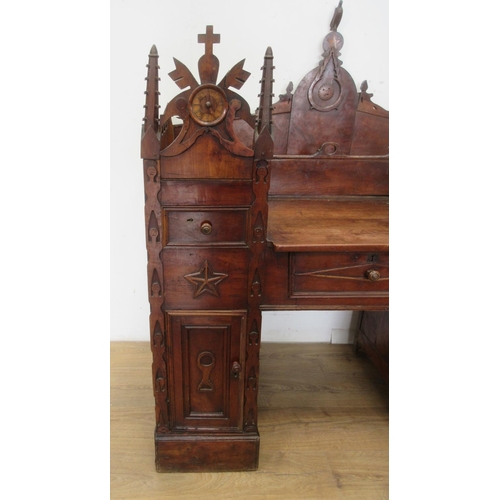 474 - An antique Continental unusual Folk Art fruitwood Desk, the raised back with star inlay, frieze of b... 