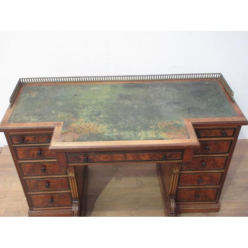 478 - A Gillow aesthetic movement walnut breakfront Desk with brass gallery, inset writing surface above a... 