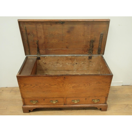 483 - An 18th Century elm Mule Chest with hinged top above two drawers on bracket supports, 3ft 7in W