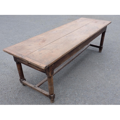 494 - An 18th Century Kitchen Table with cleated two plank pine scrub top on oak base fitted end drawer up... 