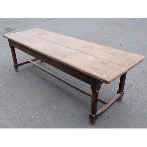 494 - An 18th Century Kitchen Table with cleated two plank pine scrub top on oak base fitted end drawer up... 