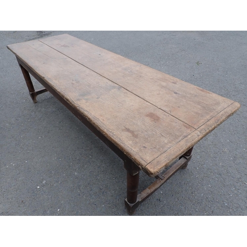 494 - An 18th Century Kitchen Table with cleated two plank pine scrub top on oak base fitted end drawer up... 