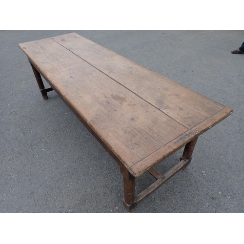 494 - An 18th Century Kitchen Table with cleated two plank pine scrub top on oak base fitted end drawer up... 