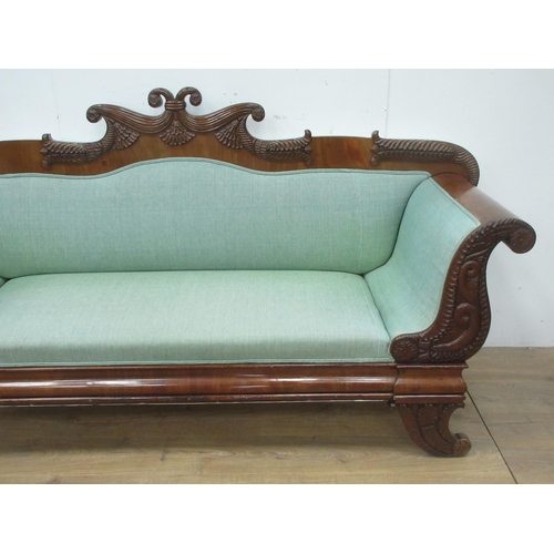 495 - A 19th Century mahogany framed Biedermeier style Sofa with dolphin, leafage and scrolled decoration ... 