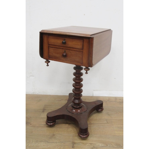 497 - A 19th Century mahogany Work Table with drop leaves, fitted two drawers on turned column and platfor... 