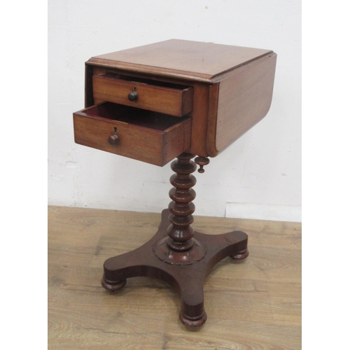 497 - A 19th Century mahogany Work Table with drop leaves, fitted two drawers on turned column and platfor... 