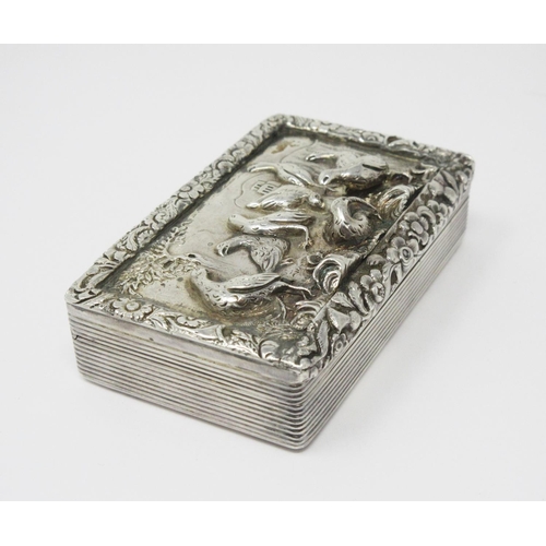 52 - A George IV silver Snuff Box by William Simpson, the top with embossed scene depicting a covey of ga... 