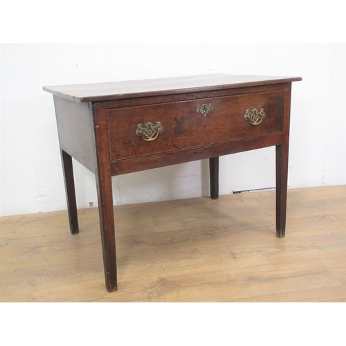 524 - An 18th Century oak Side Table with three plank top fitted single drawer with brass handles and escu... 