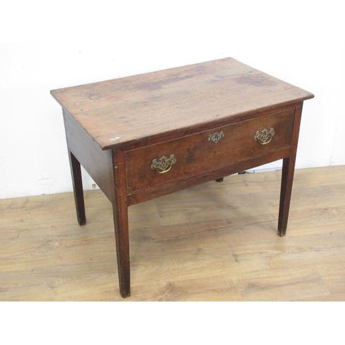 524 - An 18th Century oak Side Table with three plank top fitted single drawer with brass handles and escu... 