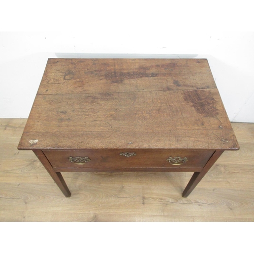 524 - An 18th Century oak Side Table with three plank top fitted single drawer with brass handles and escu... 