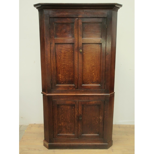 536 - An antique oak double Corner Cupboard with pair of panelled doors enclosing shaped shelves above ano... 