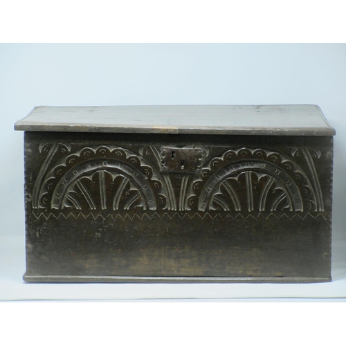 549 - A 17th Century oak Box with moulded top and carved arcaded front and sides 1ft 11in W x 11 1/2in H