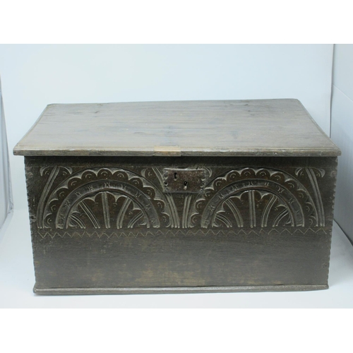 549 - A 17th Century oak Box with moulded top and carved arcaded front and sides 1ft 11in W x 11 1/2in H