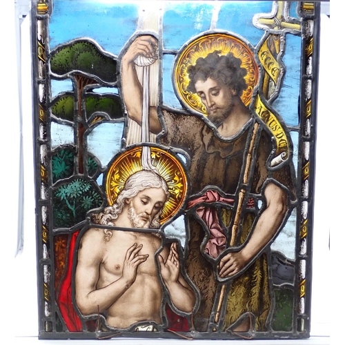 551 - A Victorian stained glass Window in three sections, depicting the Baptism of Christ, having an arche... 