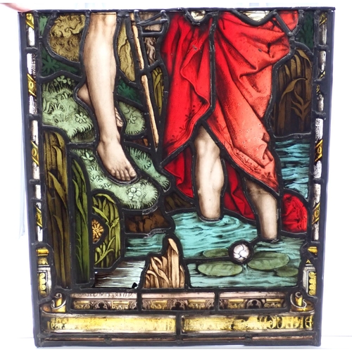 551 - A Victorian stained glass Window in three sections, depicting the Baptism of Christ, having an arche... 