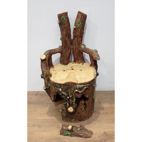 433 - A majolica Rustic Garden Chair, treacle glazed, with rustic branch back and arms, believed to be by ... 