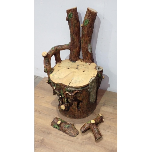 433 - A majolica Rustic Garden Chair, treacle glazed, with rustic branch back and arms, believed to be by ... 