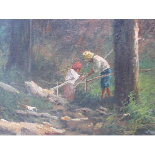 233 - FRANCESCO CAPUANO. Wood gatherers by a river,  signed, oil on canvas, 31 x 25in