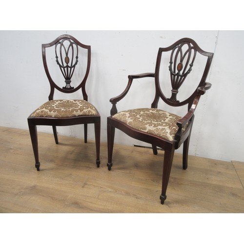 434 - A set of eight late 19th Century Sheraton style Dining Chairs with shield shaped backs with inlaid o... 