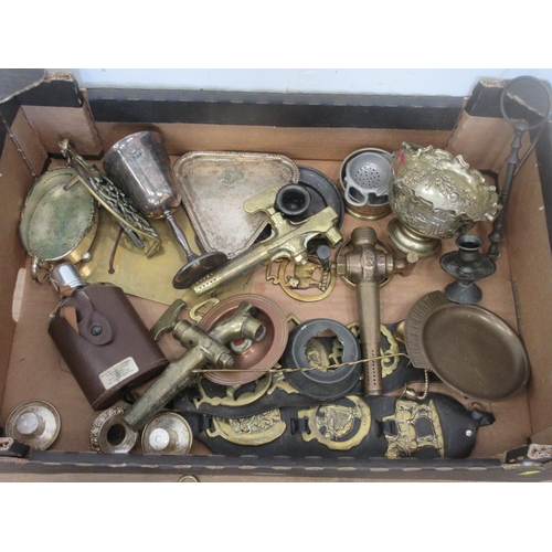 101 - Two boxes of Plated Ware, Brass, pair of Binoculars, various Tools, etc