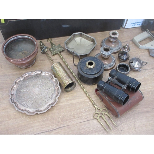 101 - Two boxes of Plated Ware, Brass, pair of Binoculars, various Tools, etc