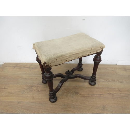 122 - An antique oak Footstool in the Queen Anne style on turned supports with square cut X-stretcher 1ft ... 