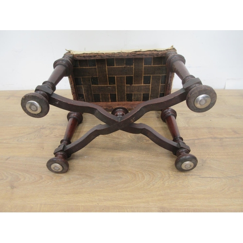 122 - An antique oak Footstool in the Queen Anne style on turned supports with square cut X-stretcher 1ft ... 