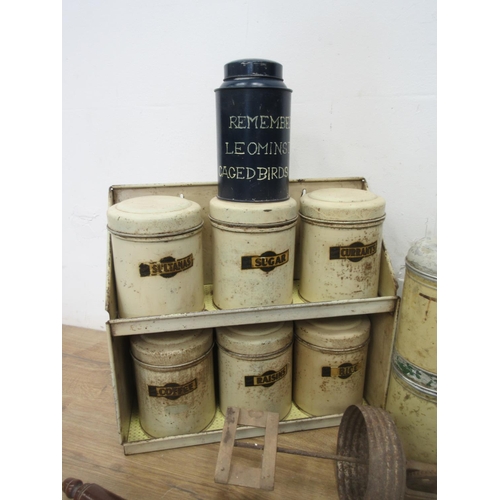 126 - An antique Dough Bin 3ft 1in W, three Storage Tins on Rack, other Storage Tins, Rolling Pin, Whisk a... 