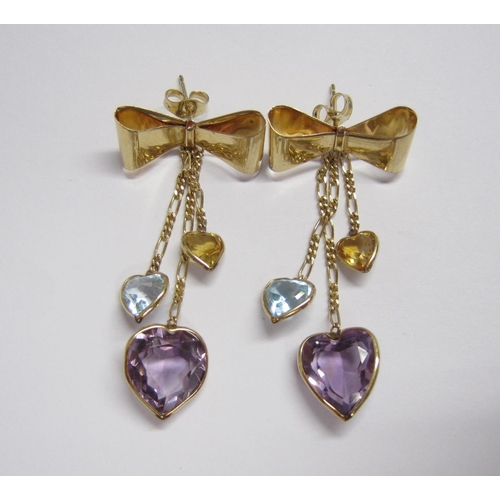 165 - A pair of multi-gem Drop Earrings each spectacle-set heart-cut amethyst, citrine and topaz suspended... 