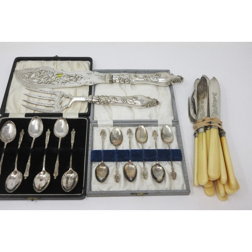 233 - Six George V silver Coffee Spoons with fancy stems, Birmingham 1928, in case, six plated Apostle Tea... 