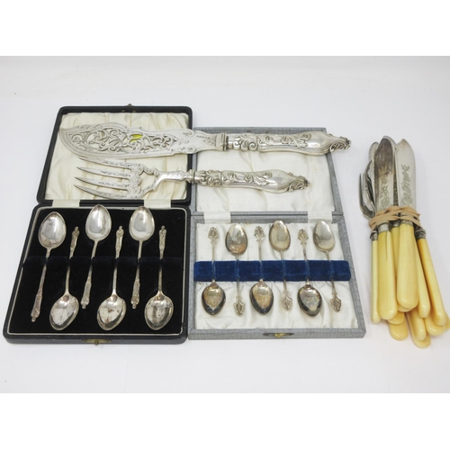 233 - Six George V silver Coffee Spoons with fancy stems, Birmingham 1928, in case, six plated Apostle Tea... 