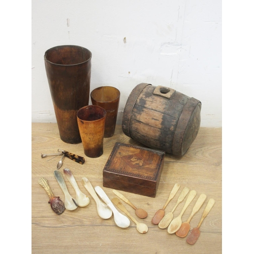 250 - A collection of Horn Beakers and Spoons, a small inlaid wooden Box and a Costrell