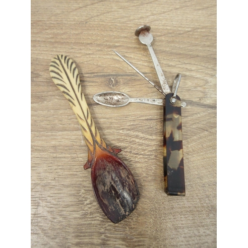 250 - A collection of Horn Beakers and Spoons, a small inlaid wooden Box and a Costrell