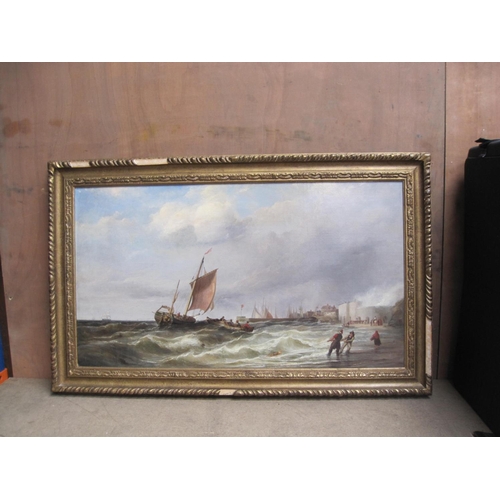 253 - ATTRIBUTED TO JAMES WEBB. 'On a shore, after a storm', oil on canvas, 18 x 32in.