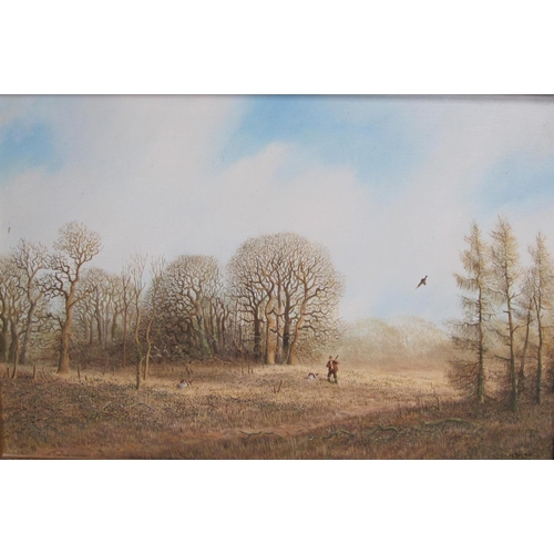 254 - NICHOLAS MACE. Pheasant Shooting; and Log Cutters by a Track, signed, oil on canvas board, 8 x 12in;... 