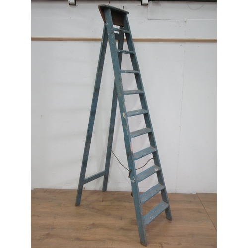 34 - A set of old blue painted wooden Step Ladders 8ft 6in L