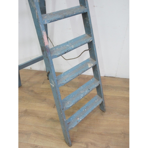 34 - A set of old blue painted wooden Step Ladders 8ft 6in L