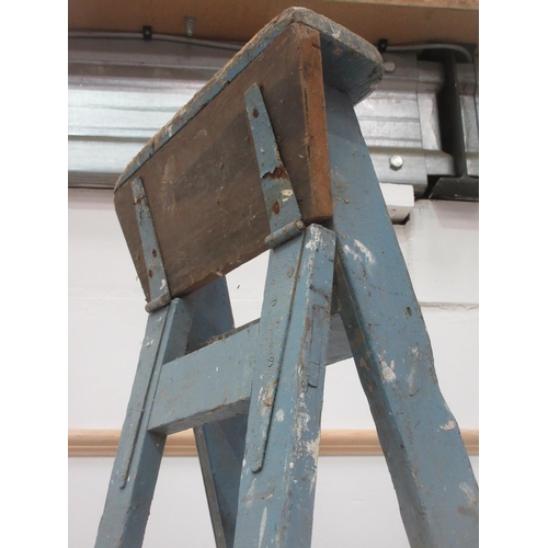 34 - A set of old blue painted wooden Step Ladders 8ft 6in L